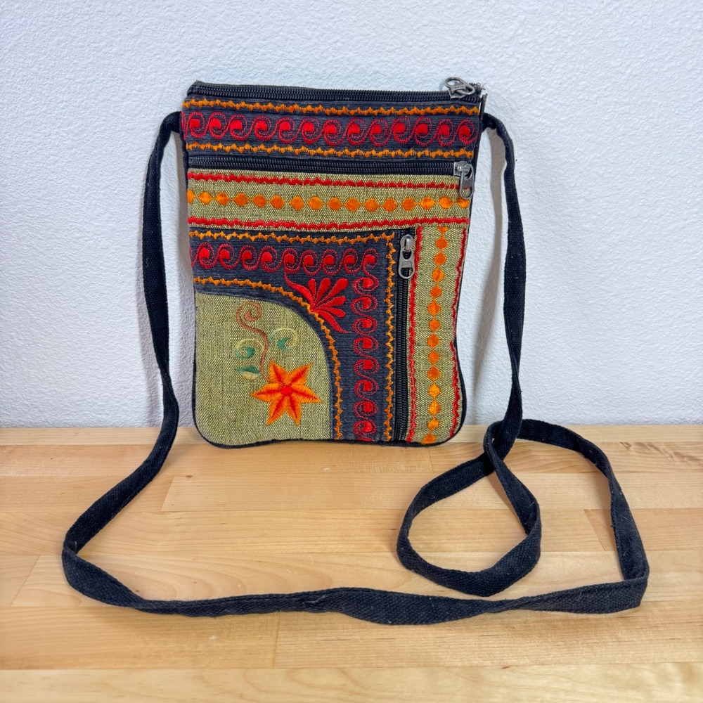 Ganesh Himal Handmade Nepal Cotton Embroidered Crossbody Bag Boho Green STAINED